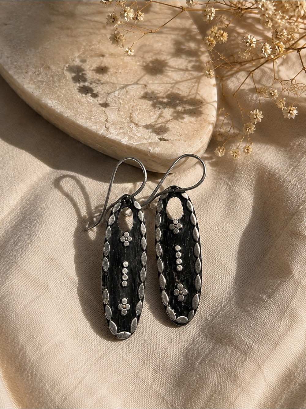 Sterling Silver Wooden Black Floral Drop Earrings